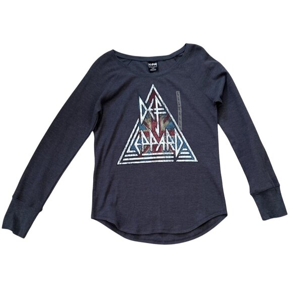 NWOT Def Leopard Raglan Navy Blue Long Sleeve Knit Thermal Graphic Top Size L - Picture 1 of 7